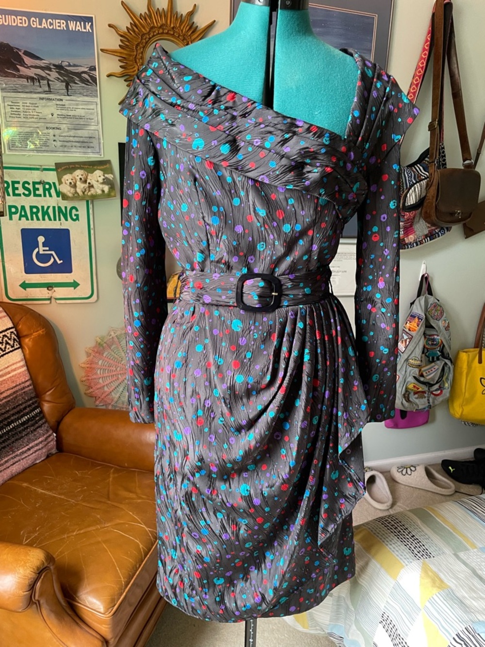 London Collection Rose & Hubble cocktail dress asymmetrical colorful polka dots